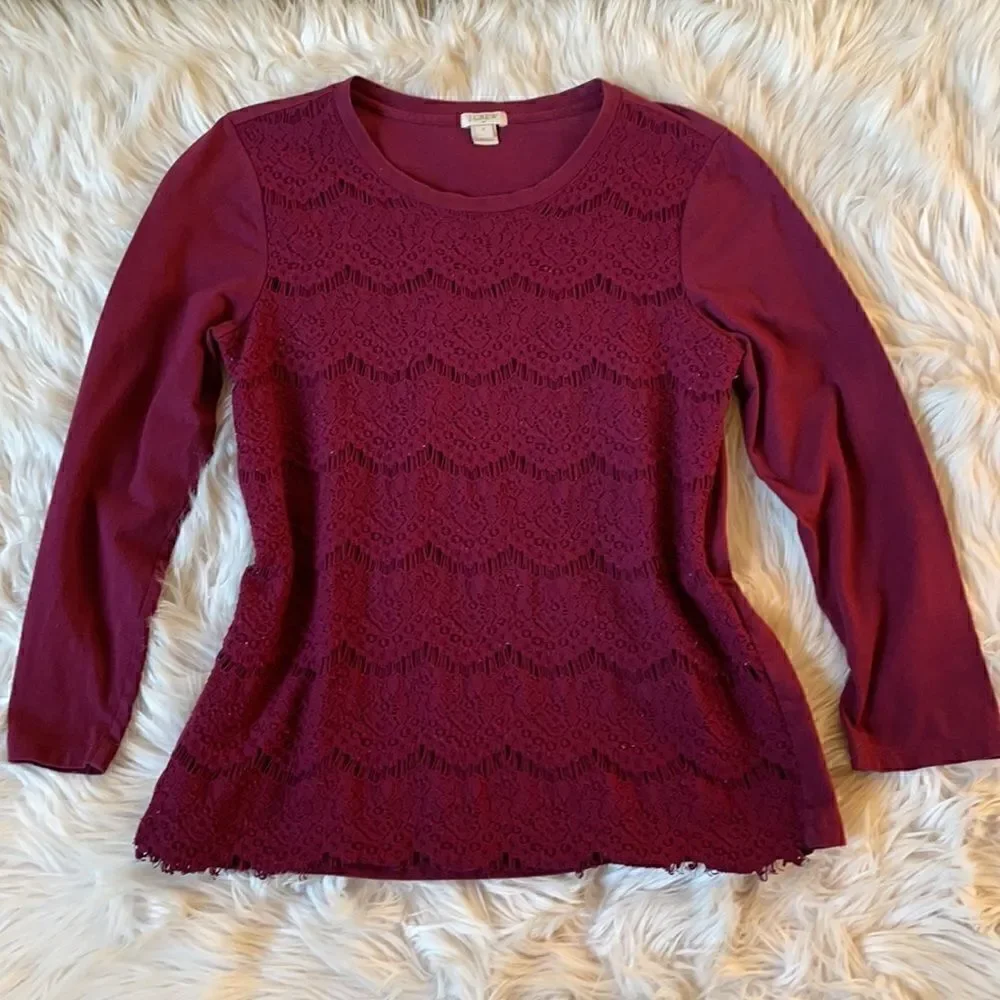 J. Crew Burgundy Crew Neck Pullover Lightweight Lace Top (Size: Small)